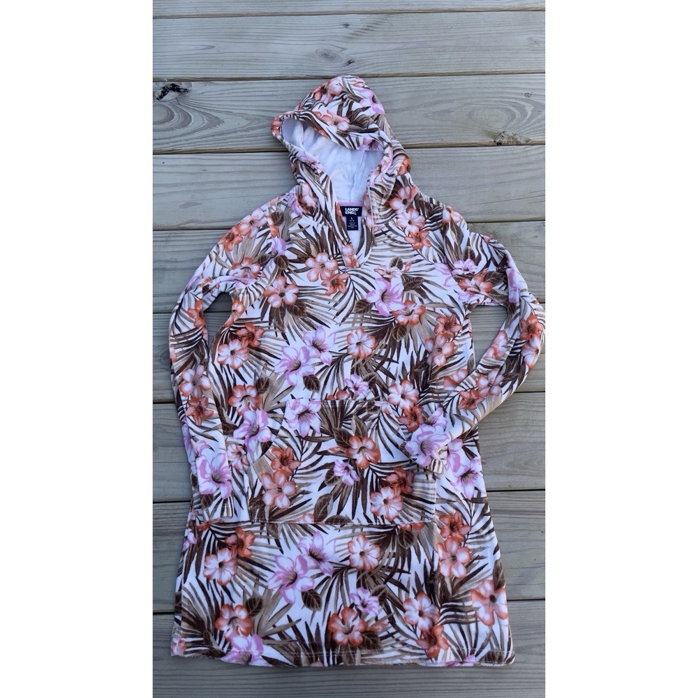 Lands End Girls Terry Cloth Cover Up Long Sleeve Hood Swim Tropical Palm Girls L